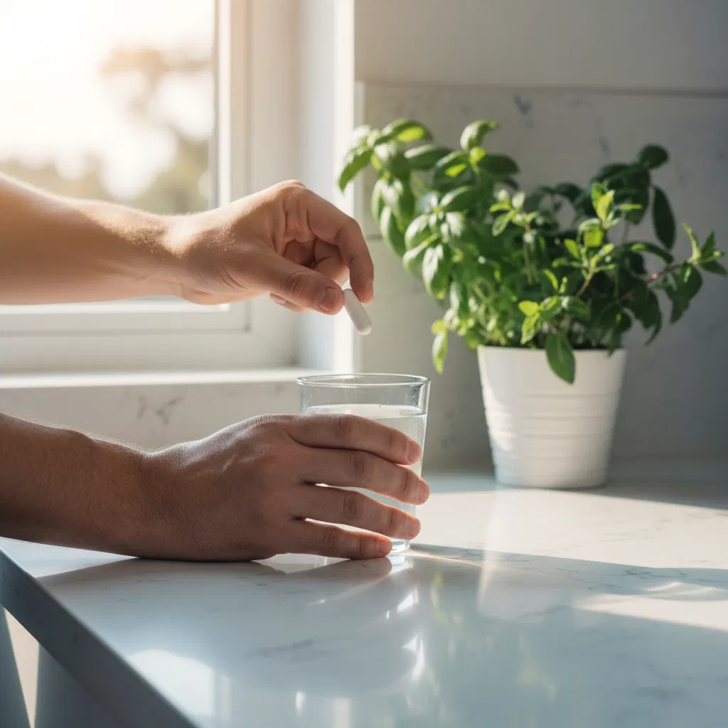 Dagelijkse supplementroutine mannen - handen met glas water en capsule